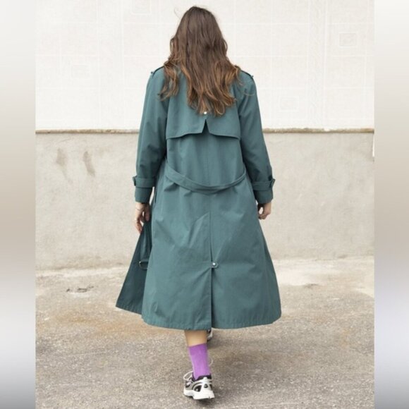 SOLD Vintage 80s 90s Oversized Lined Teal Trench Coat Size 9/10 Petite - Picture 13 of 13